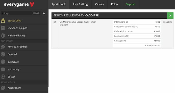 An image of the betting screen from Everygame, a popular online sportsbook in Illinois.